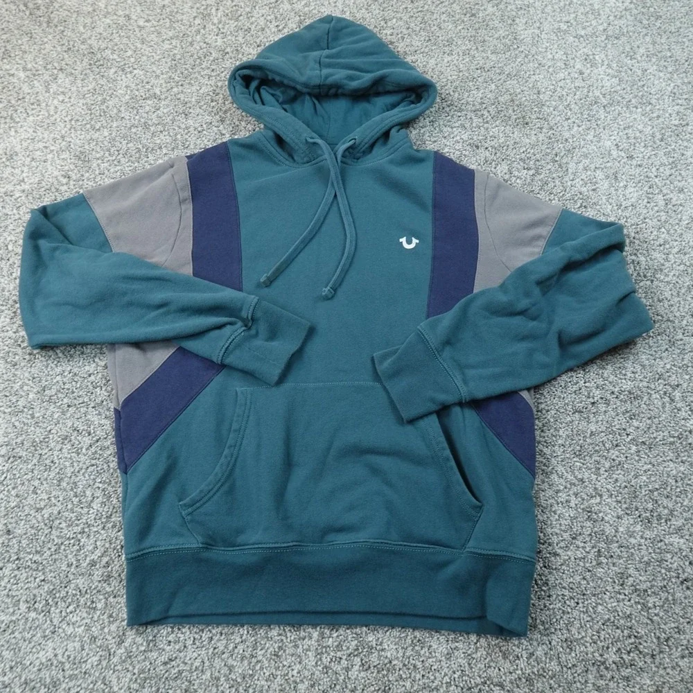 True Religion Hoodie Mens L Green Blue Colorblock Pullover Sweatshirt Sweater
